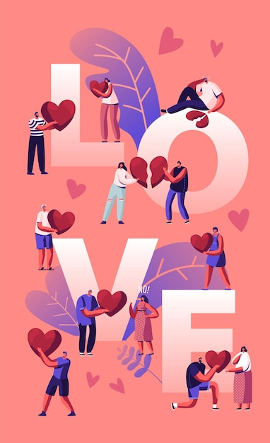 Vector love and heartbreak concept. happy couples sparetime, holding heart. cartoon flat illustration