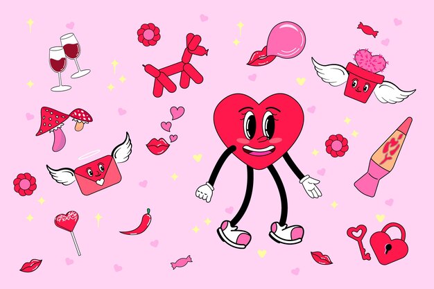 Vettore personaggio dei cartoni animati dei cuori d'amore con adorabili icone rosse mascotte in contorno vettoriale in stile groovy disegnato a mano