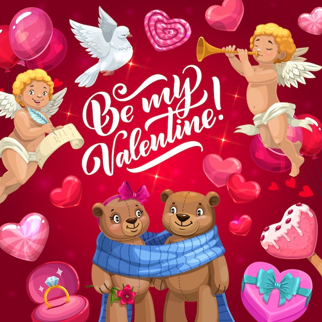 Love hearts cupids and bear couple valentine day