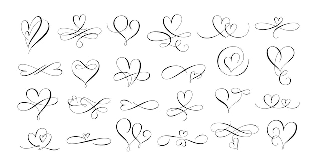 Vector love hearts flourish calligraphy hand drawn heart romantic text divider and lovely twirl line scribble vector set