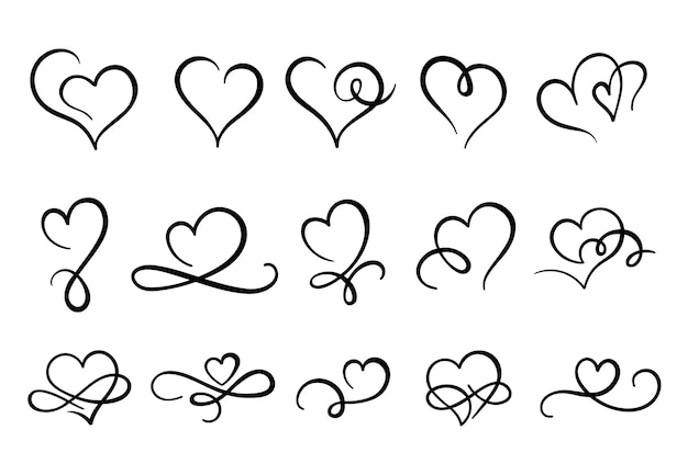 Vector love hearts flourish. heart shape flourishes, ornate hand drawn romantic hearts and valentines day symbol