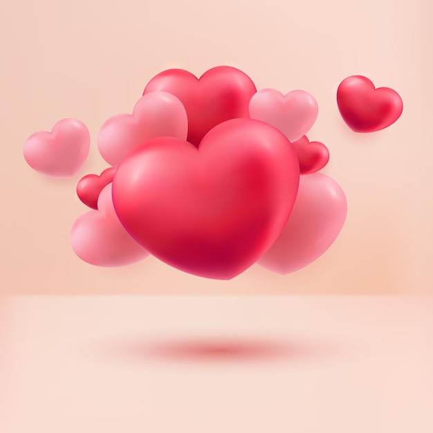 Love hearts red and pink 3d realistic on pastel background