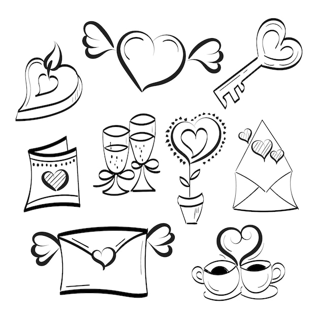 Vector love icons hand drawn doodle coloring