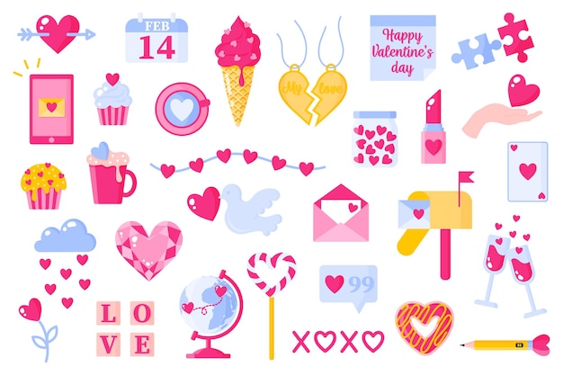 Love icons set for valentine's day or wedding. Ice cream, heart, message, globe, diamond, glass, mailbox, donut, etc. flat design isolated on white background.