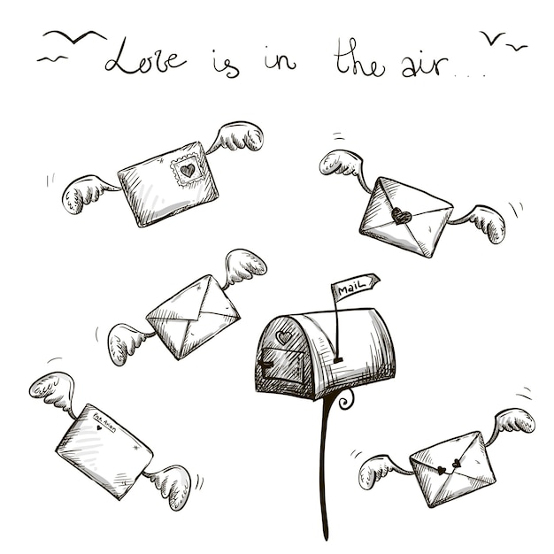 Vector love is in the air winged letters mailbox st valentine's post