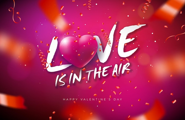Любовь витает в воздухе дизайн дня святого валентина с сердцем и падающими конфетти на блестящем красном фоне