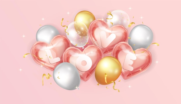 LOVE is written on the pink heart-shaped balloon, and there are also gold, white, and transparent