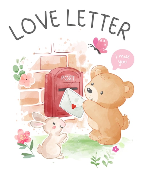 Lettera d'amore e simpatico cartone animato orso