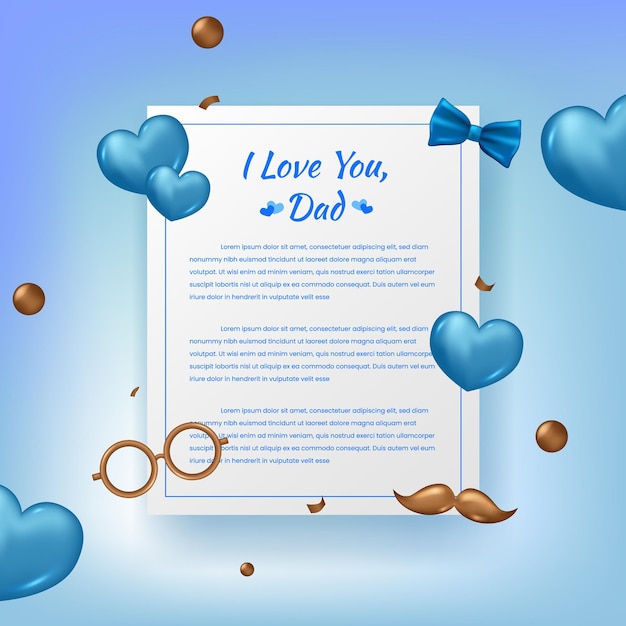 Lettera d'amore per papà felice festa del papà con occhiali baffi cravatta focolare blu decorazione top vie illustrazione concetto