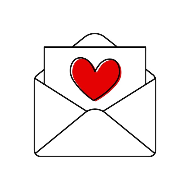 赤いハートのシンボルとバレンタインデーのシンプルな黒い線封筒アイコンのラブレター