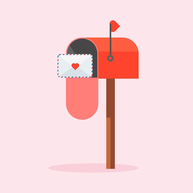 Love letter to soulmate or partner. Decorated envelope with heart. Red mailbox with letter inside in cartoon style. Valentines Day