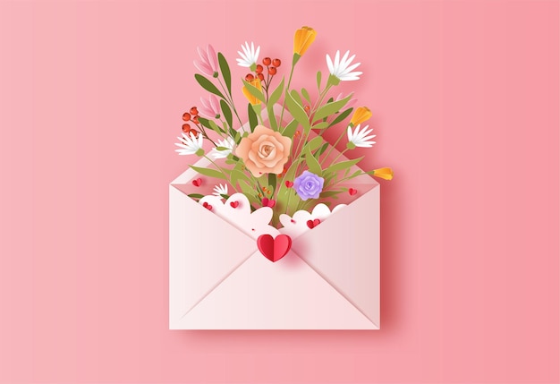 紙のイラストの花の束とラブレター