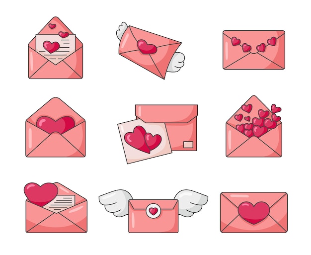Вектор Любовное письмо с сердцем день святого валентина конверт с сообщением ручно нарисованный стиль