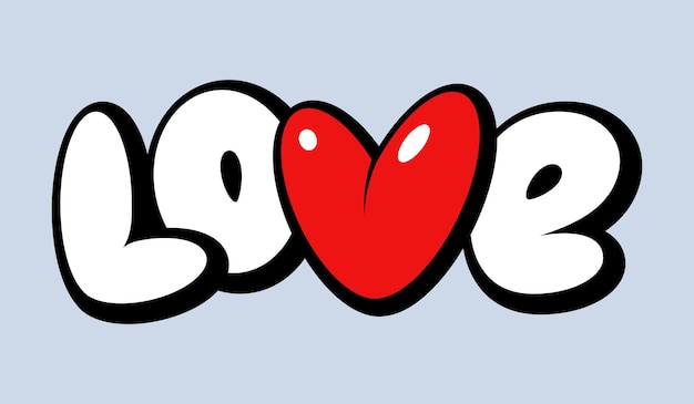 Vector love lettering with red heart in graffiti style with black outline