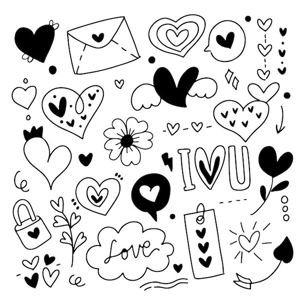 Vector love line art doodle drawing symbol logo cartoon element set