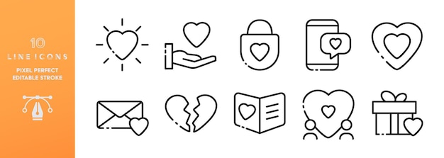 Love line icon set editable stroke sympathy couple family romance heart hand lock smartphone chat correspondence valentine surprise gift relationship concept vector black line icon set