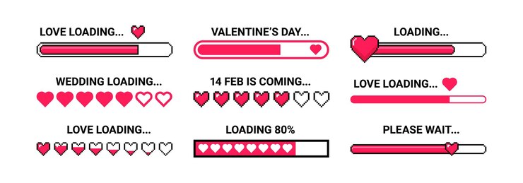 Vector love loading romantic loader with heart icons happy wedding valentines day and love concept stickers retro 8 16bit game pixel art vector set