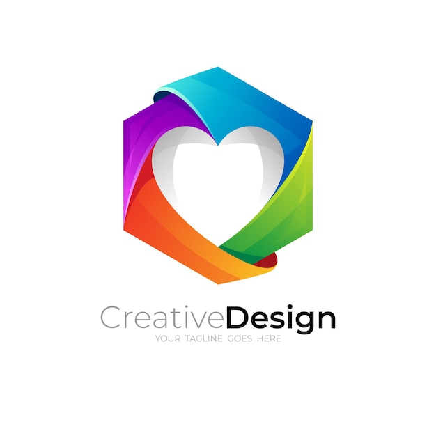 Love logo and hexagon design colorful, 3d style icons