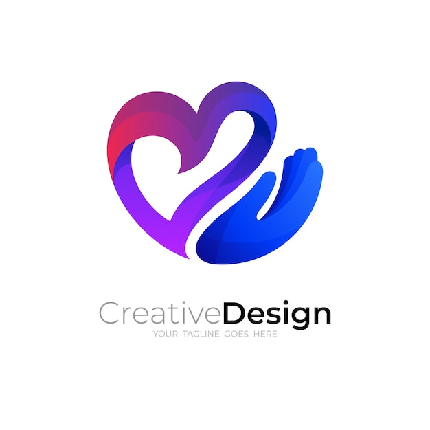 Love logo with hand design combination, colorful icon