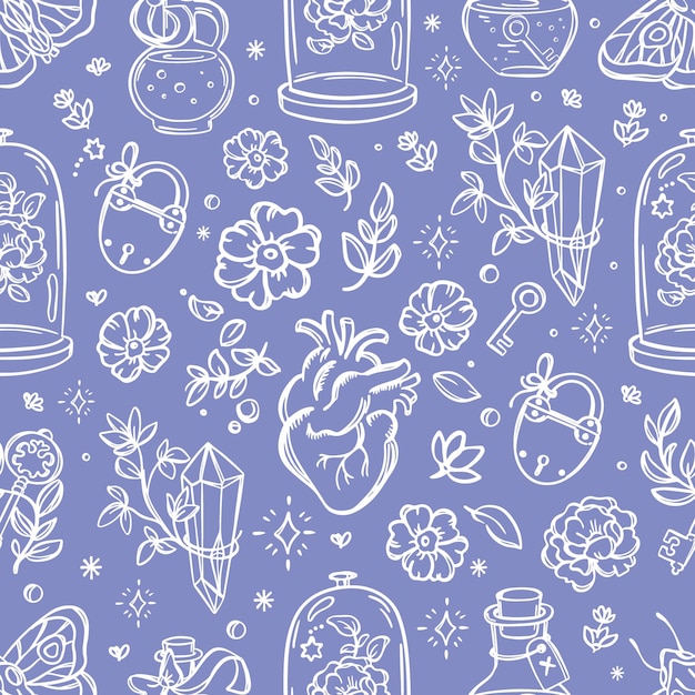 LOVE MAGIC White On Blue Witchcraft Symbols Seamless Pattern