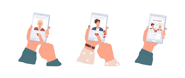 マッチングアプリにおける男女の恋の勝負。カップル構築のためのアプリケーションを備えた携帯電話を持つ男性と女性の手。白い背景に分離された色付きのフラット ベクトル イラスト。