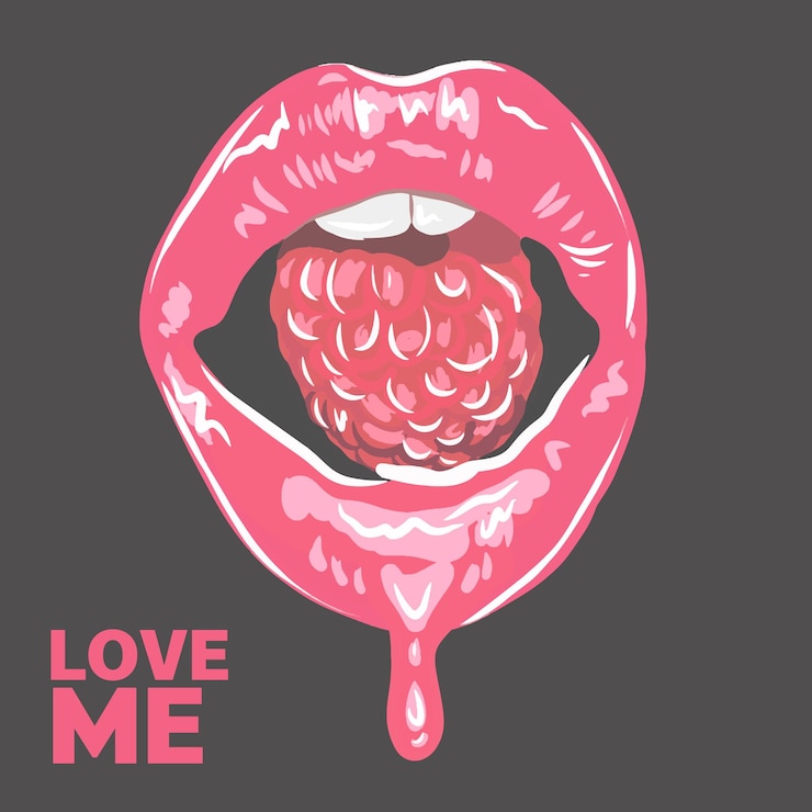 Vector love me inscription juicy pink lips with raspberries decoration for a postcard
