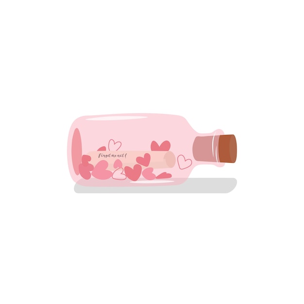 Love message and hearts in a bottle flat vector illustration isolated on white background