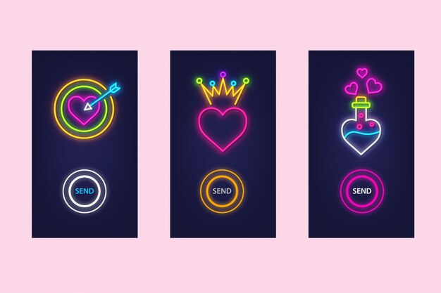 Love mobile app set with neon glow. virtual love. ui design.