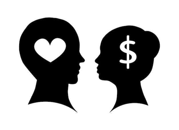 Love or money concept flat woman and man couple head shadow shape isolated on white background simple vector illustration