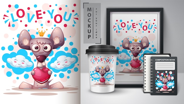 Vettore poster e merchandising del topo d'amore