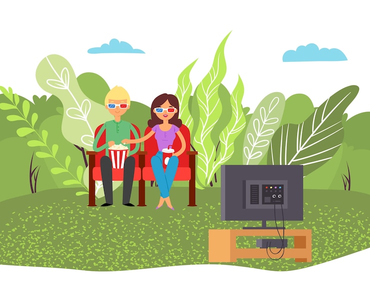 Vector love movie couple, movie entertainment, leisure movie together girl, food drink corn, ,    illustration. sitting teamwise show, modern romantic relationship, relaxation film.