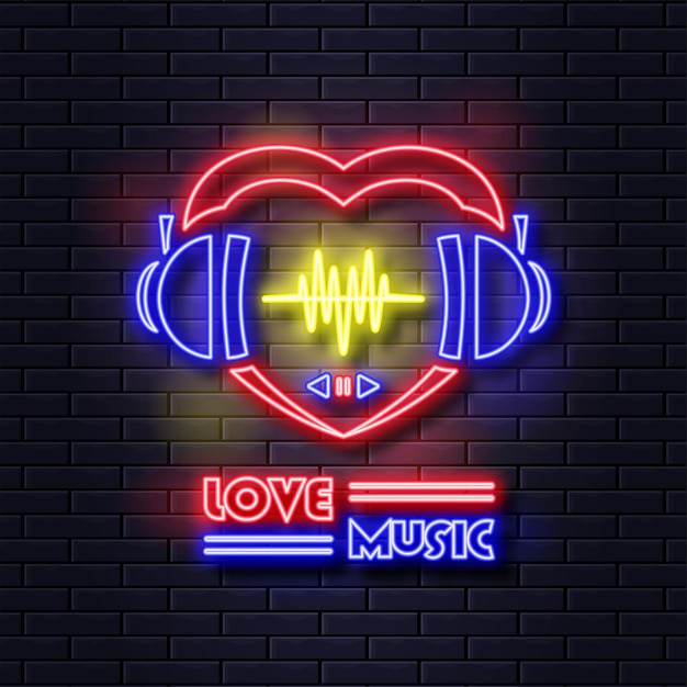 Icona della musica d'amore, insegna al neon luminosa