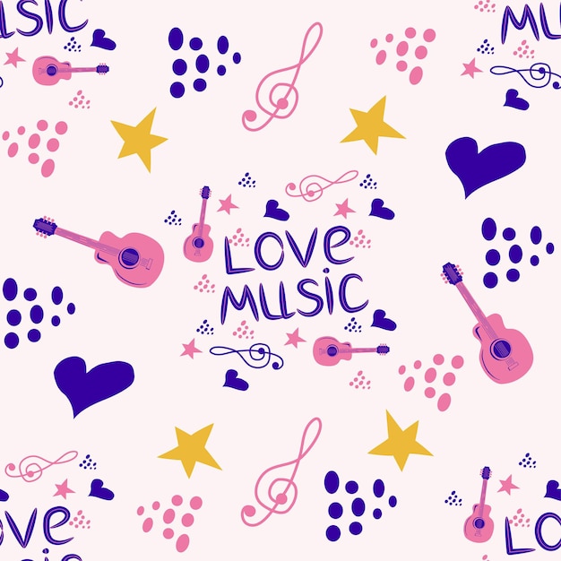 Love music seamless pattern with country guitar music notes treble clef hearts decorative elements