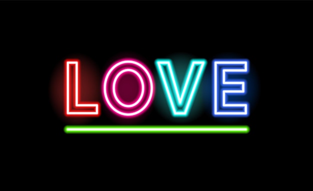 Love neon inscription on black background. electric fluorescent sign. outline vector colorful illustration of decorative glowing element or illuminated signboard.