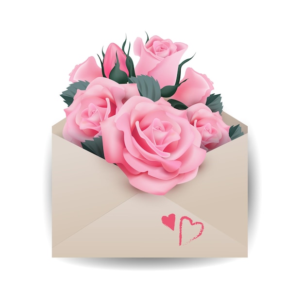 愛やバレンタインデーのコンセプト。封筒に美しいバラをピンク色テンプレートベクトル。
