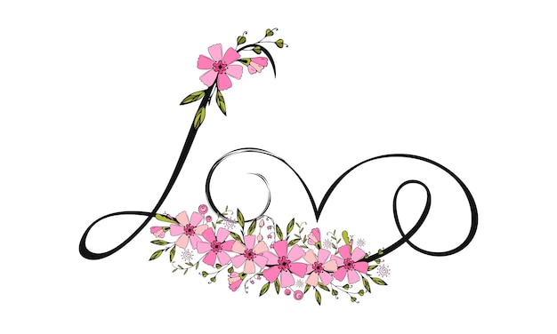 Love passion lettering with flowers doodle ornament, brush inscription.