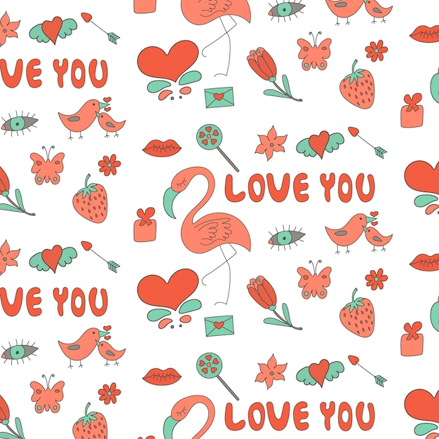 Vector love pattern of valentines day elements pink turquoise red gray