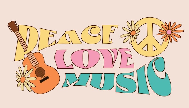 Vector love peace music lettering retro vintage hippie inscription