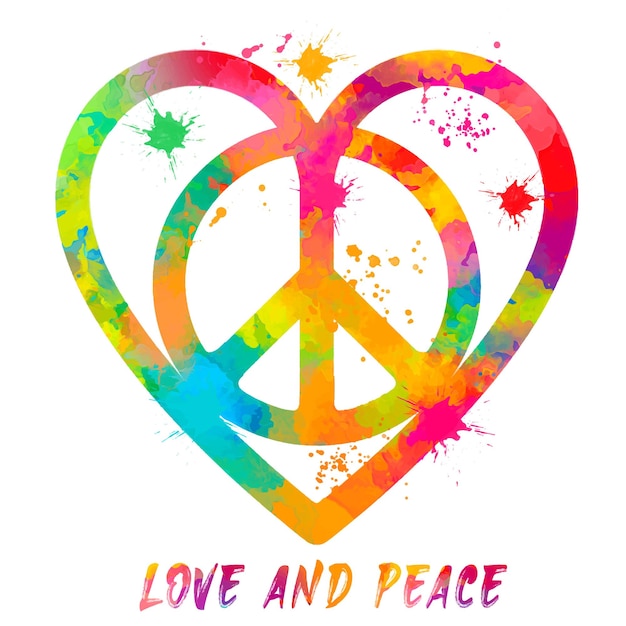 Love and peace watercolor peace hippie symbol peace with heart symbol