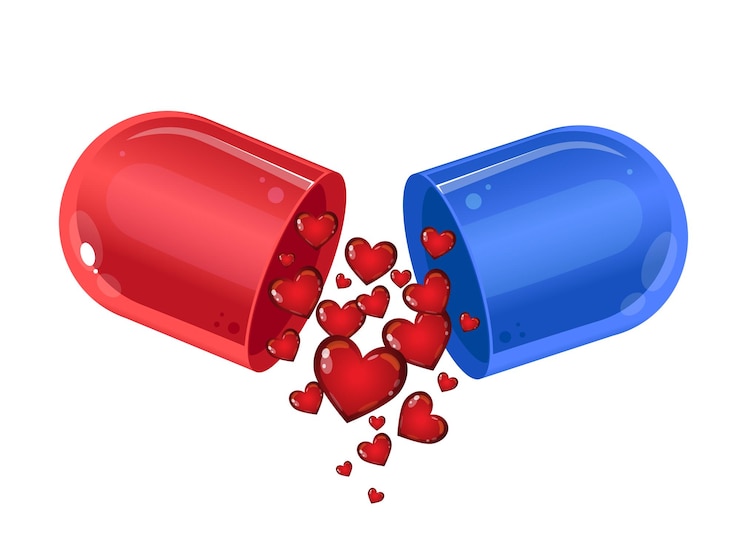 Vector love pill romantic conceptual illustration valentines day card with pill and red hearts banner o