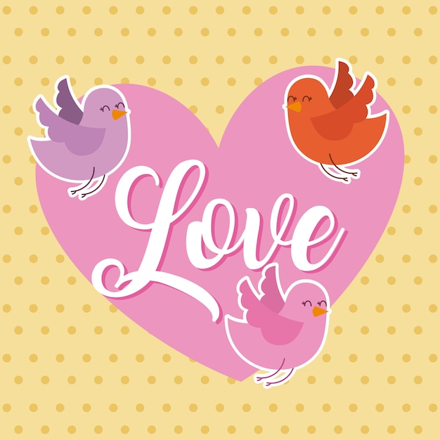 Love pink heart and birds flying card 