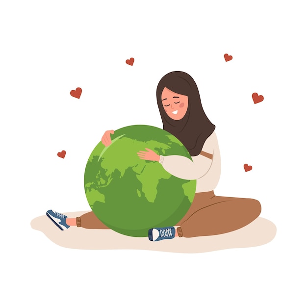 Love the planet concept Smiling arabian woman embrace Earth globe with care and love International Mother Earth day Caring for Nature and environment Vector illustration in flat cartoon style