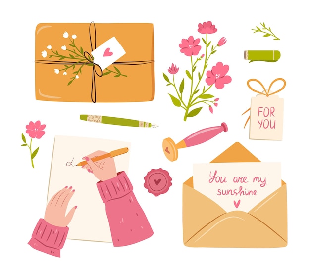 Love post objects set. love letter, hand writing, flowers, present, tag. vector handdrawn illustration