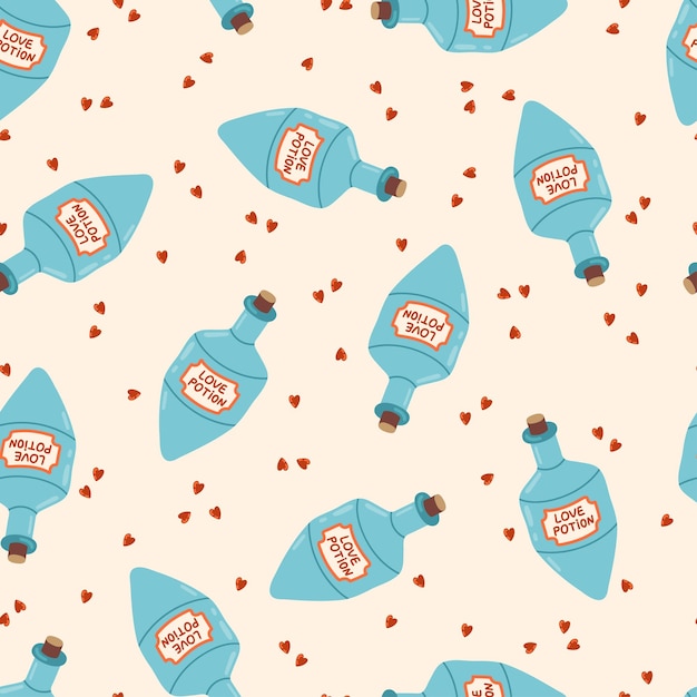 Love potion bottle vector seamless pattern Cartoon Valentines day Romantic texture background