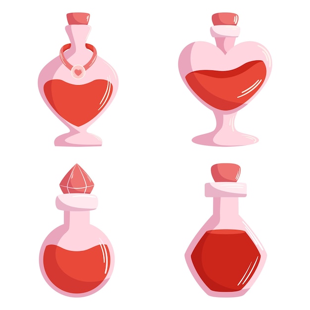 love potion bottles collection in cartoon vector style valentine day festive illustration set