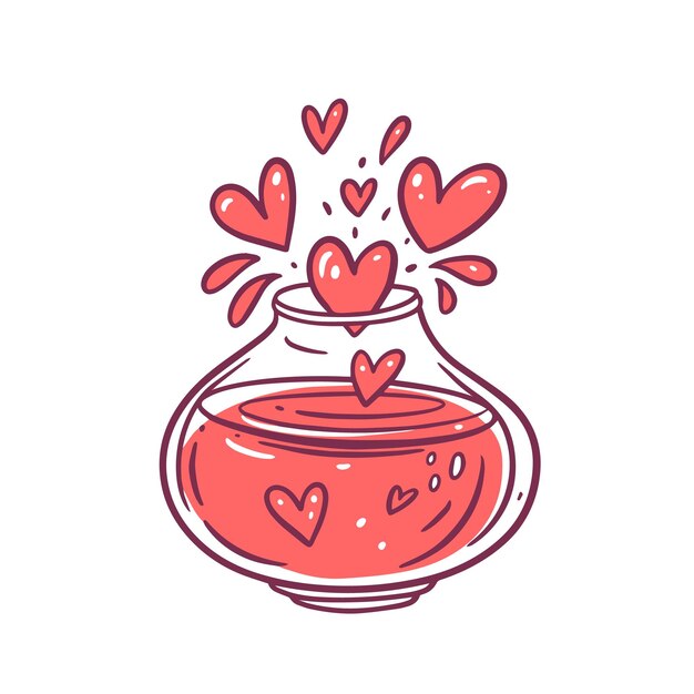 Love potion in a transparent vase with pink hearts