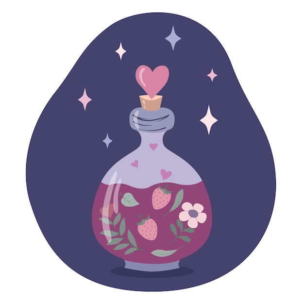 Love potion Witch magic decoction Bottle of aphrodisiac Formula of love Halloween Vector illustration