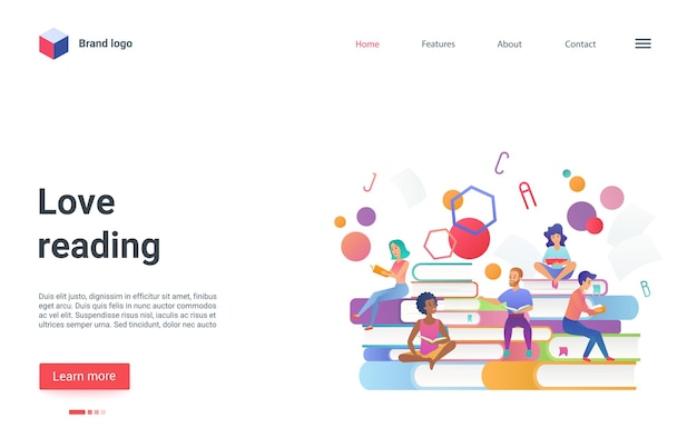 Love reading concept landing page happy group of people sitting on stack of books