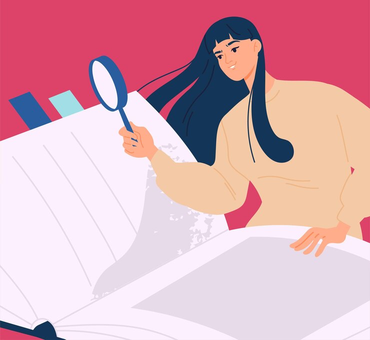 Vector love of reading concept woman with magnifying glass reads book poster or banner student preparing