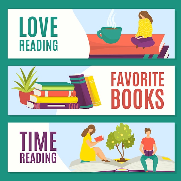 Love reading favorite books, reading time, set concept, vector illustration. man woman people character read, resting with book stack.